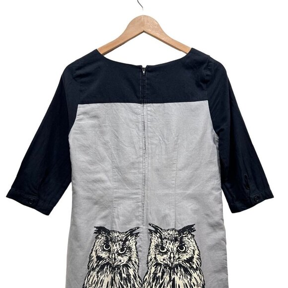 Knitted Dove Dress Gray Black Owl Print3/4 Sleeve Tunic Mini Dress Size S - Picture 4 of 12